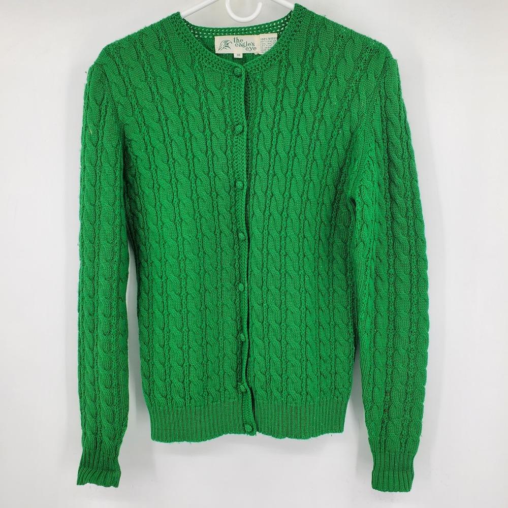 Vintage Eagles Eye Kelly Green Cable Knit Wool Cardigan Sweater 38 Preppy Granny